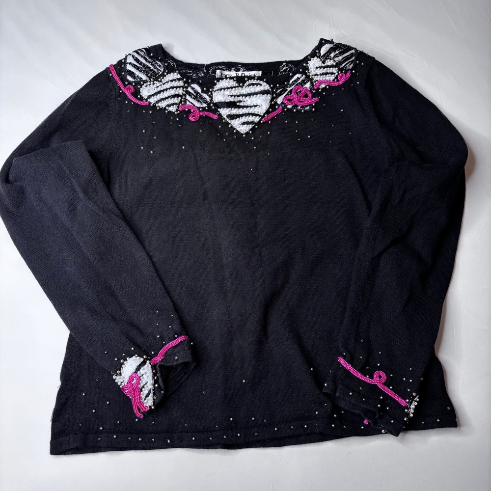 Vintage Jack B Quick Black Beaded Heart Zebra Embellished Sweater Women's‎ M